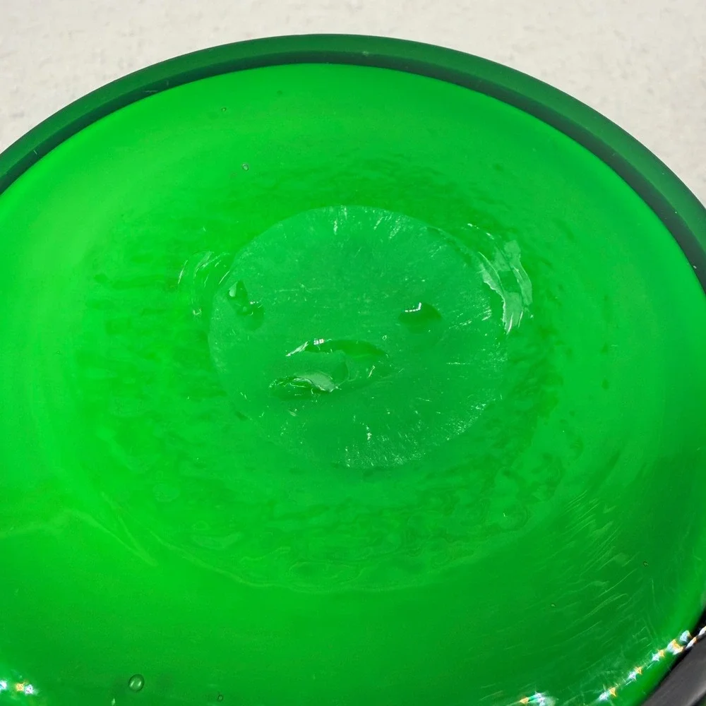 Vintage Mid Century Emerald Green Cased Glass Vase White‎ Rim 6 Inch MCM Decor